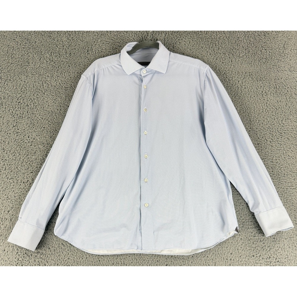 Corneliani Button Down Shirt Mens 17 43 Blue White Micro Pattern Stretch 86-P178